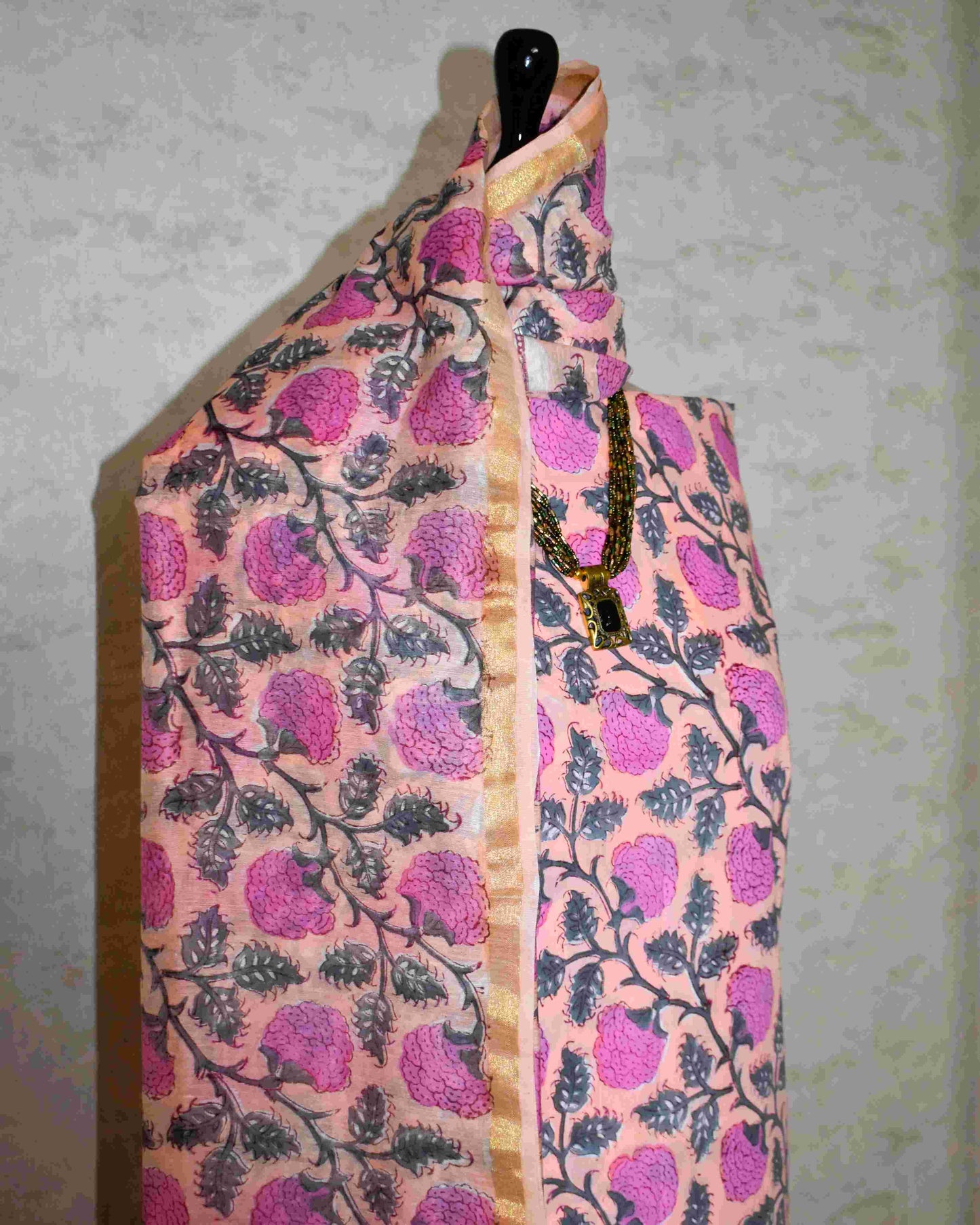 Hand Block Printed Premium Cotton Unstitched Suit with Pink Floral veils & Chanderi Silk Dupatta - Curated Edit