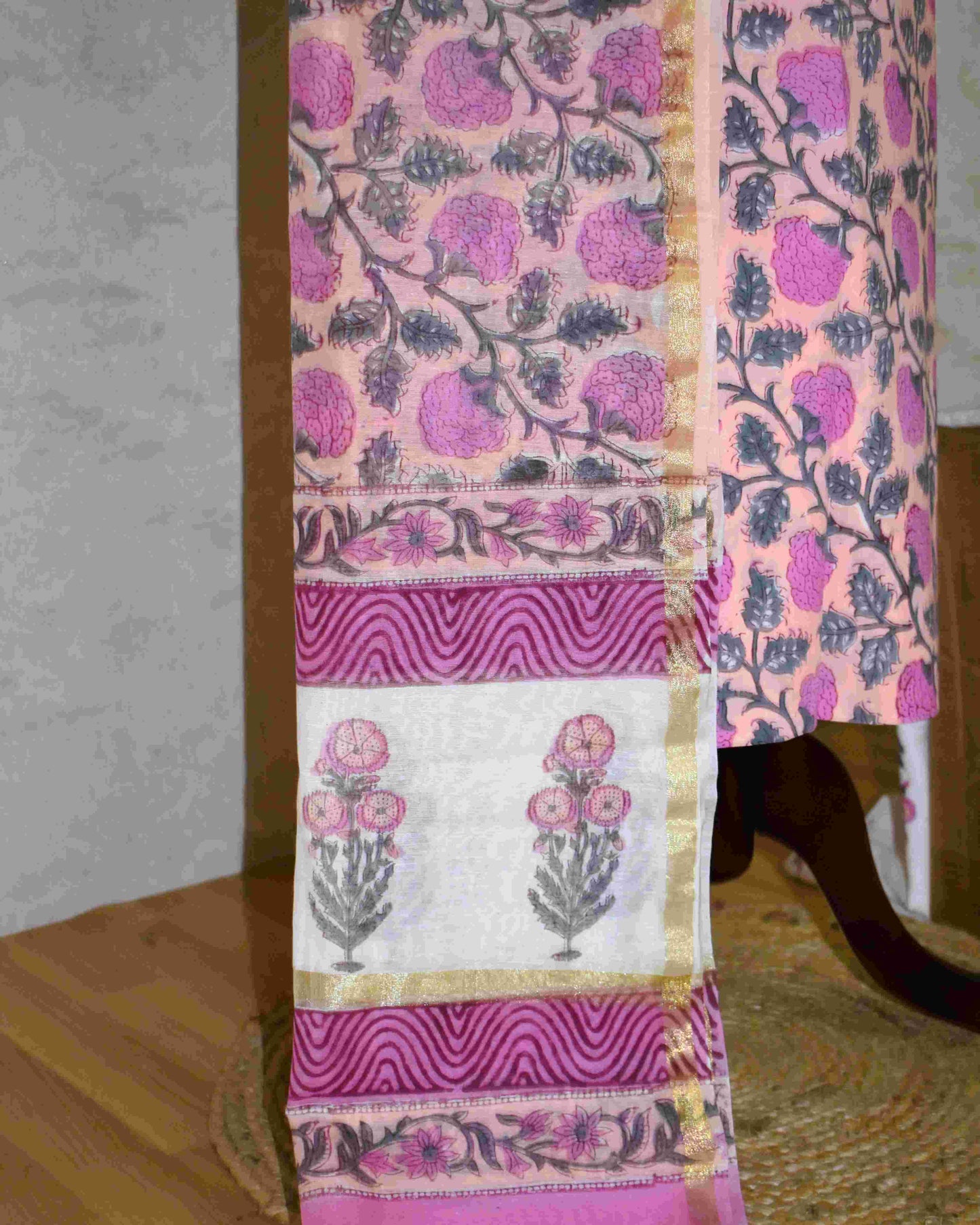 Hand Block Printed Premium Cotton Unstitched Suit with Pink Floral veils & Chanderi Silk Dupatta - Curated Edit