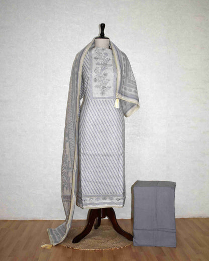 Pure Linen with stripes and Floral Buta Panel Suit Set (soft Grey)