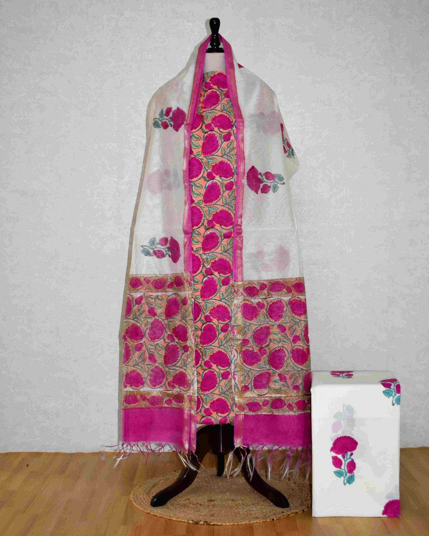 Hand Block Printed Premium Cotton Unstitched Suit with Magenta Floral veils & Chanderi Silk Dupatta - Curated Edit