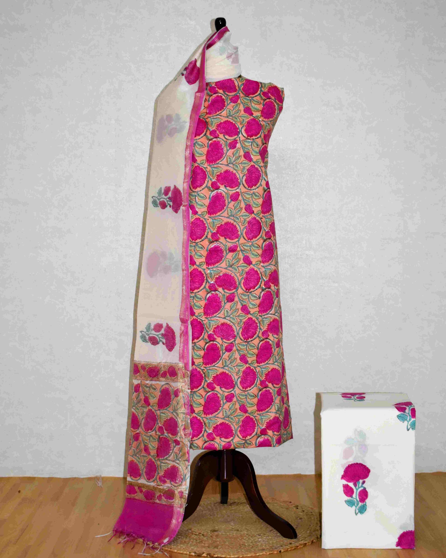 Hand Block Printed Premium Cotton Unstitched Suit with Magenta Floral veils & Chanderi Silk Dupatta - Curated Edit