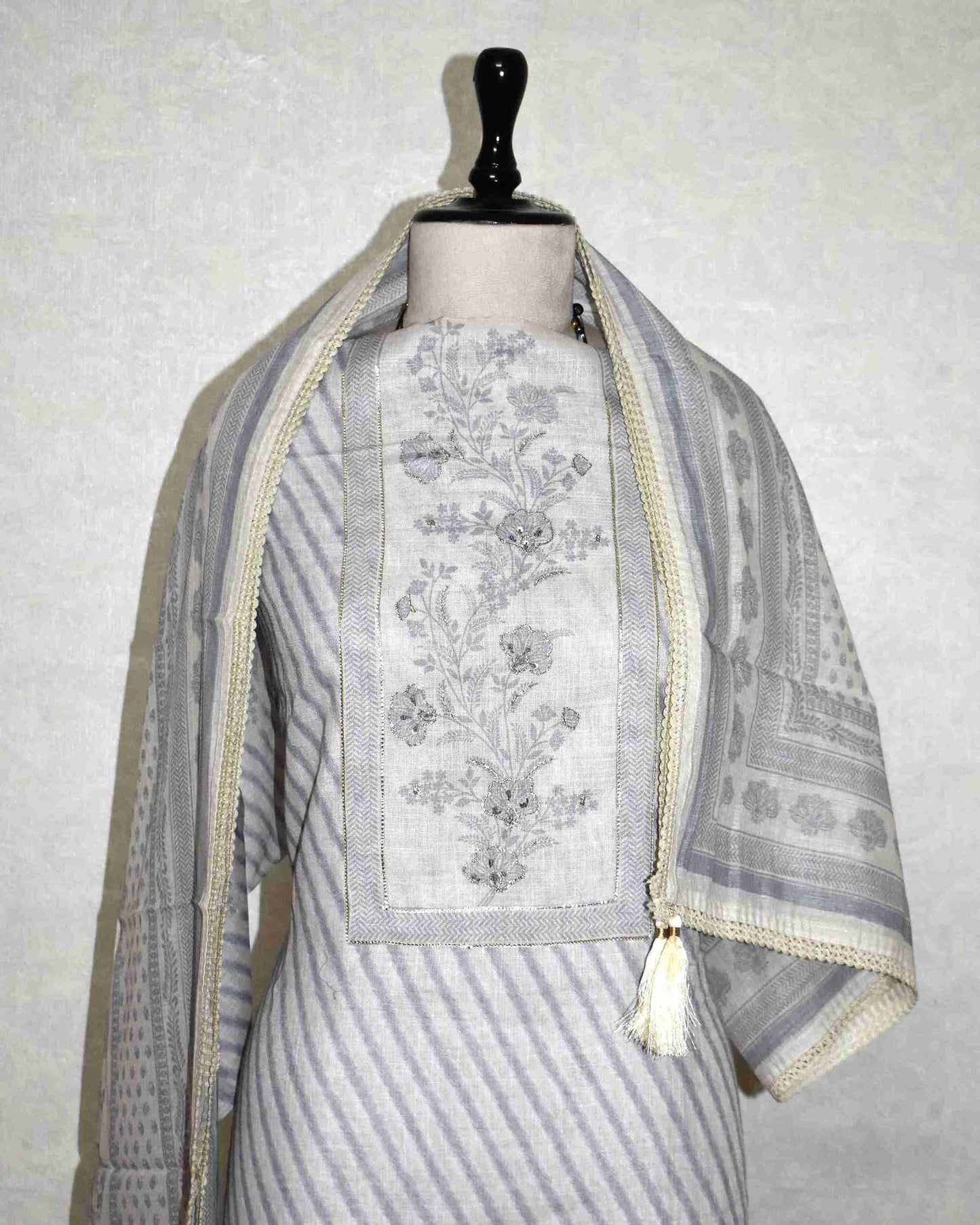 Pure Linen with stripes and Floral Buta Panel Suit Set (soft Grey)