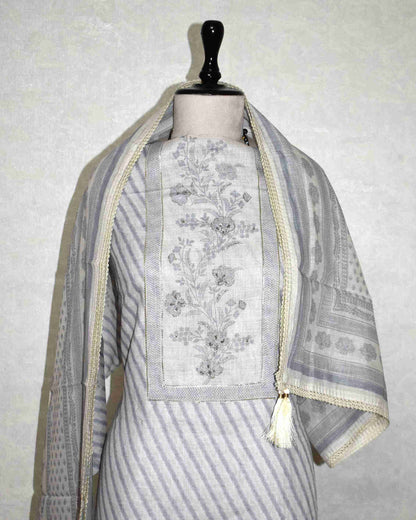 Pure Linen with stripes and Floral Buta Panel Suit Set (soft Grey)