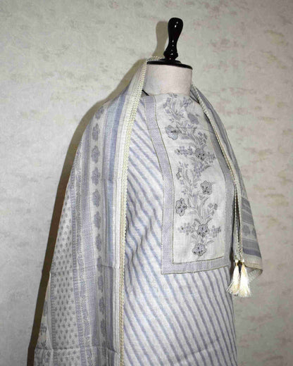 Pure Linen with stripes and Floral Buta Panel Suit Set (soft Grey)