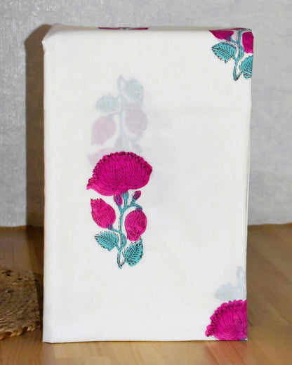 Hand Block Printed Premium Cotton Unstitched Suit with Magenta Floral veils & Chanderi Silk Dupatta - Curated Edit
