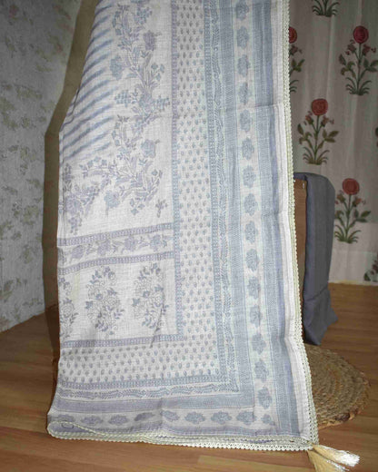 Pure Linen with stripes and Floral Buta Panel Suit Set (soft Grey)
