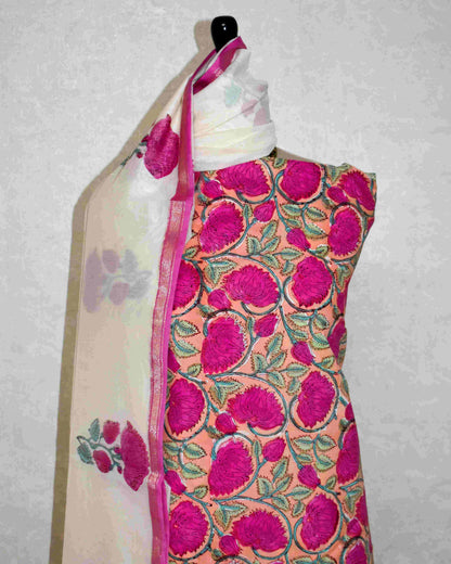 Hand Block Printed Premium Cotton Unstitched Suit with Magenta Floral veils & Chanderi Silk Dupatta - Curated Edit
