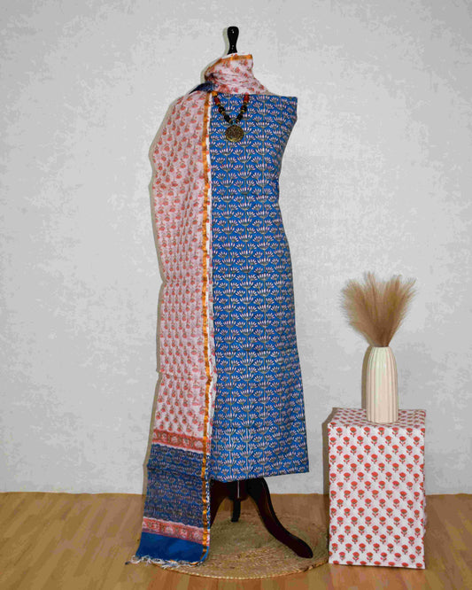 Blue Floral Trails Hand Block Printed Cotton Suit With Kota Doria  Dupatta