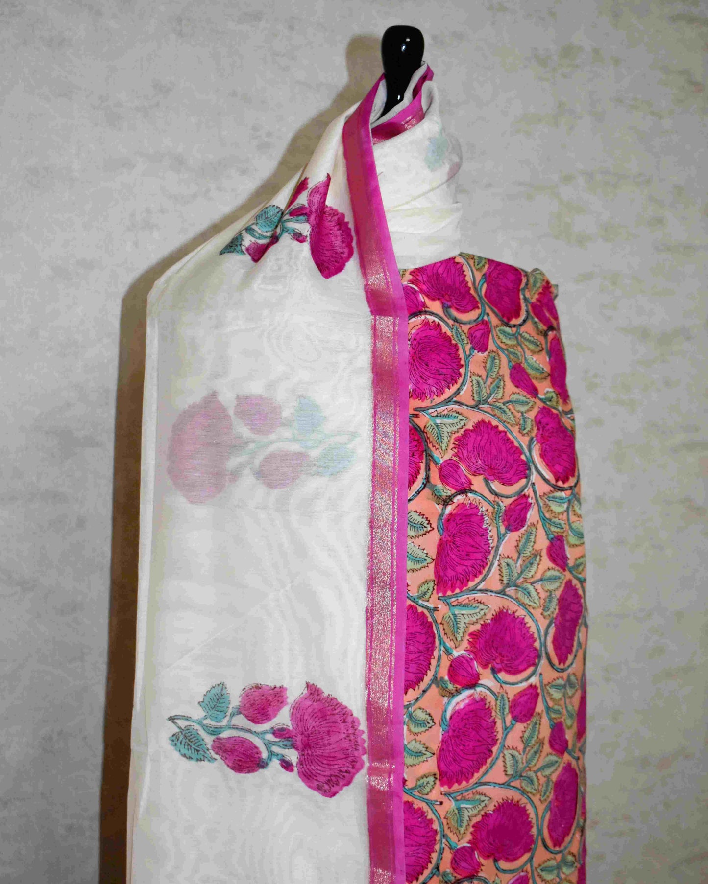 Hand Block Printed Premium Cotton Unstitched Suit with Magenta Floral veils & Chanderi Silk Dupatta - Curated Edit