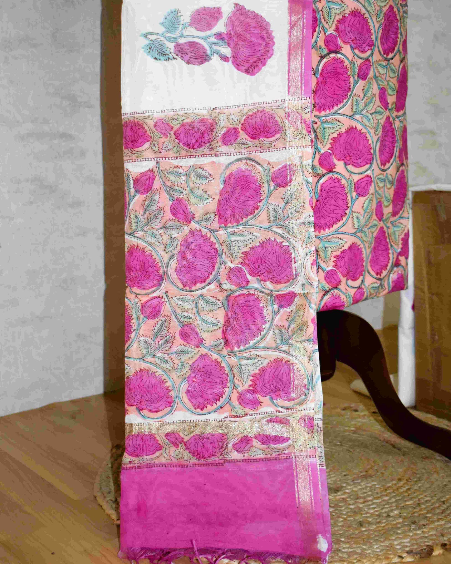 Hand Block Printed Premium Cotton Unstitched Suit with Magenta Floral veils & Chanderi Silk Dupatta - Curated Edit