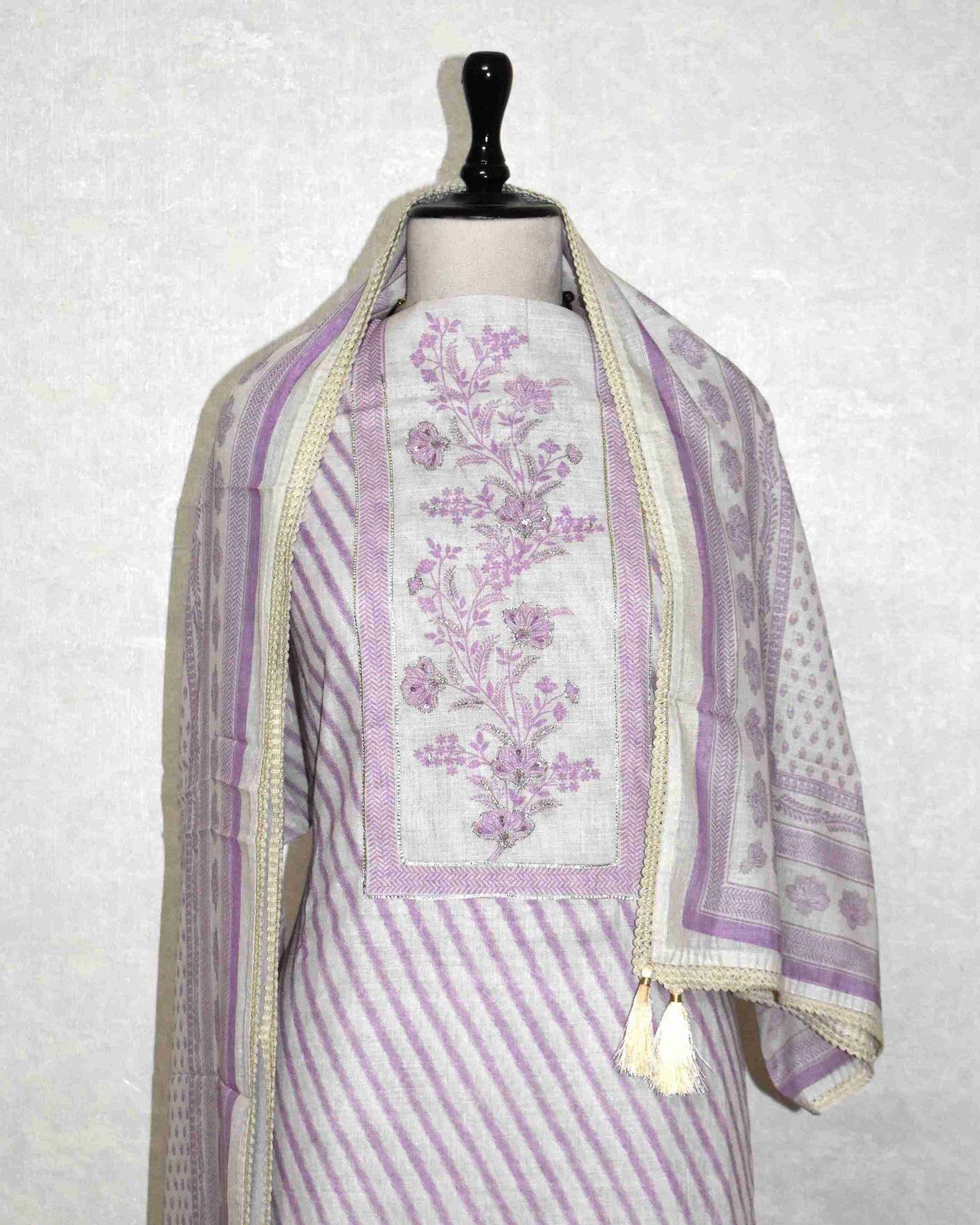 Pure Linen with stripes and Floral Buta Panel Suit Set (soft purple)