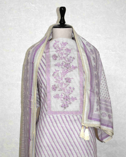Pure Linen with stripes and Floral Buta Panel Suit Set (soft purple)