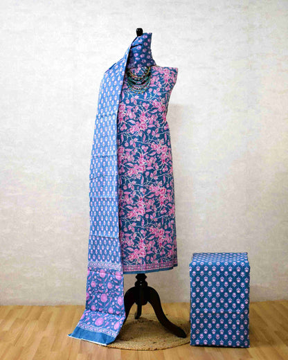 Jaipuri Printed Unstitched Cotton Suit Set with malmal dupatta