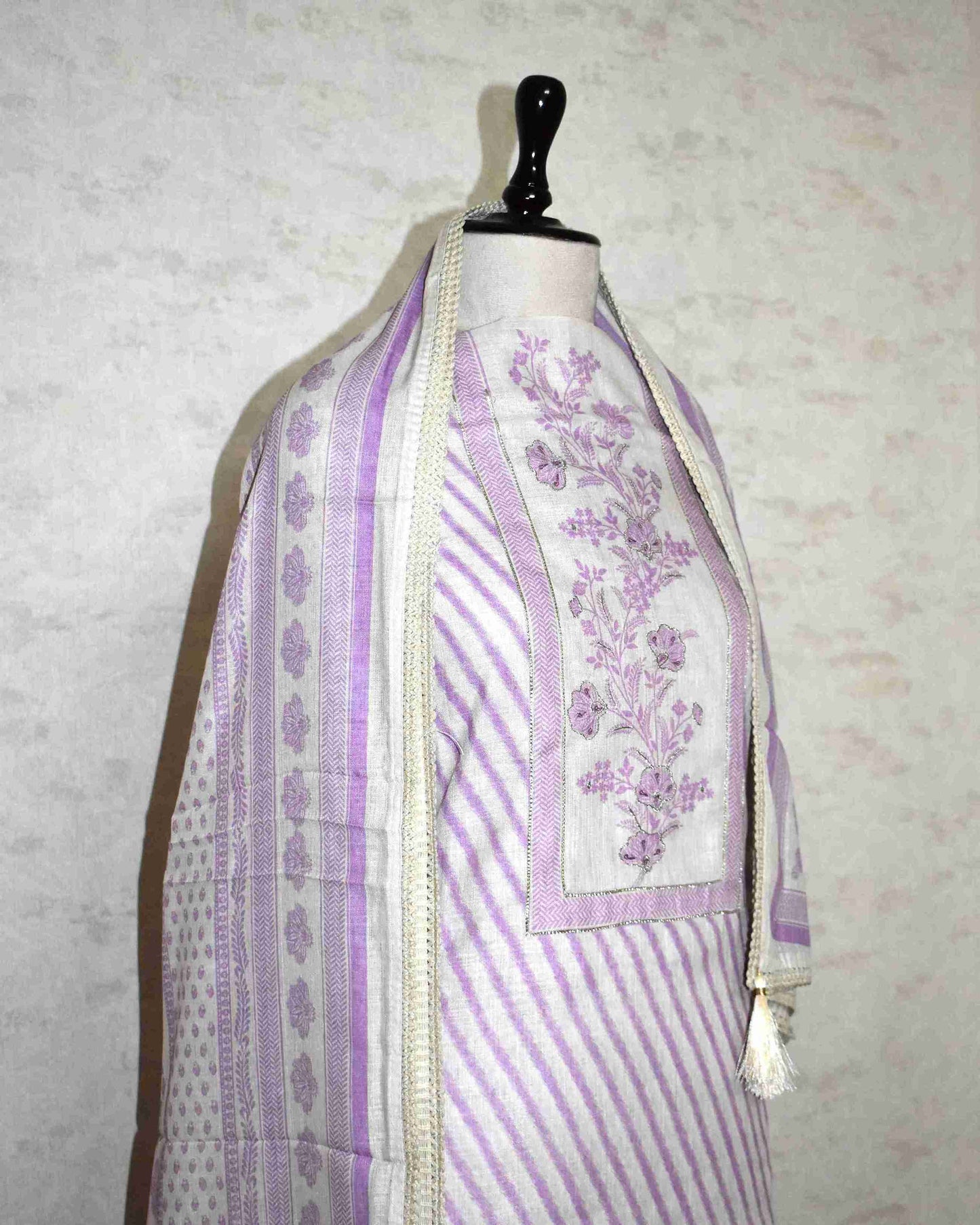 Pure Linen with stripes and Floral Buta Panel Suit Set (soft purple)