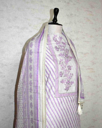 Pure Linen with stripes and Floral Buta Panel Suit Set (soft purple)