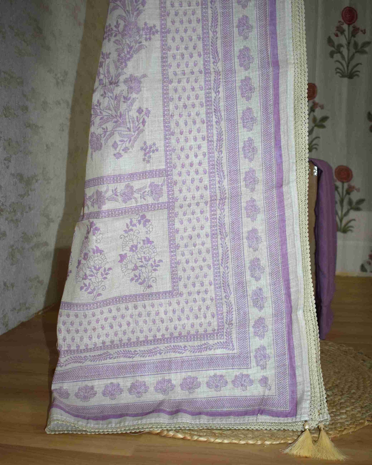 Pure Linen with stripes and Floral Buta Panel Suit Set (soft purple)