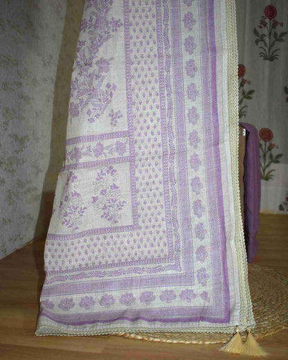 Pure Linen with stripes and Floral Buta Panel Suit Set (soft purple)