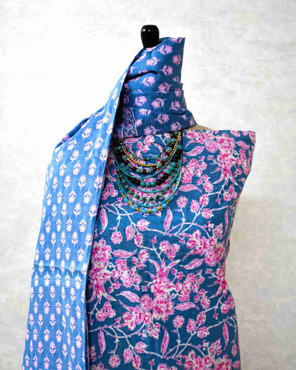 Jaipuri Printed Unstitched Cotton Suit Set with malmal dupatta