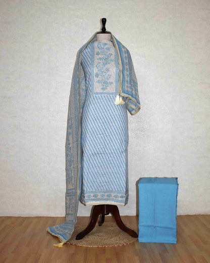 Pure Linen with stripes and Floral Buta Panel Suit Set (soft Blue)