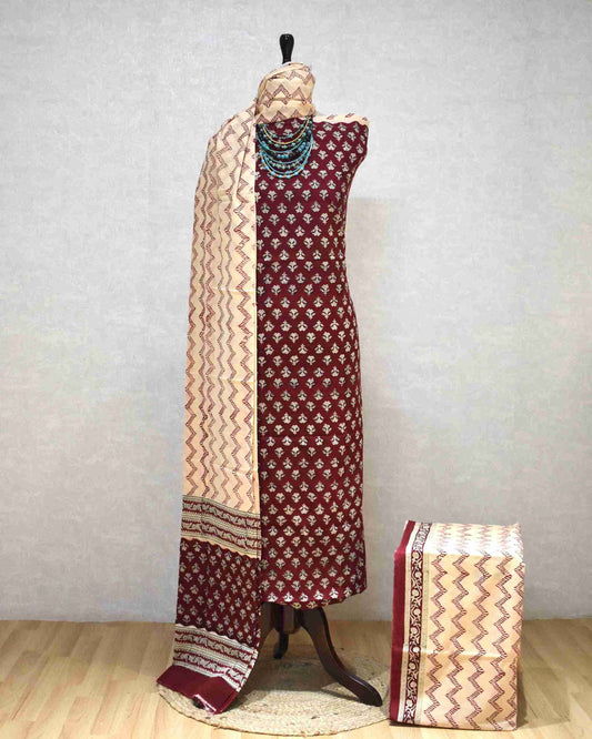 Jaipuri Printed Unstitched Cotton Suit Set with malmal dupatta