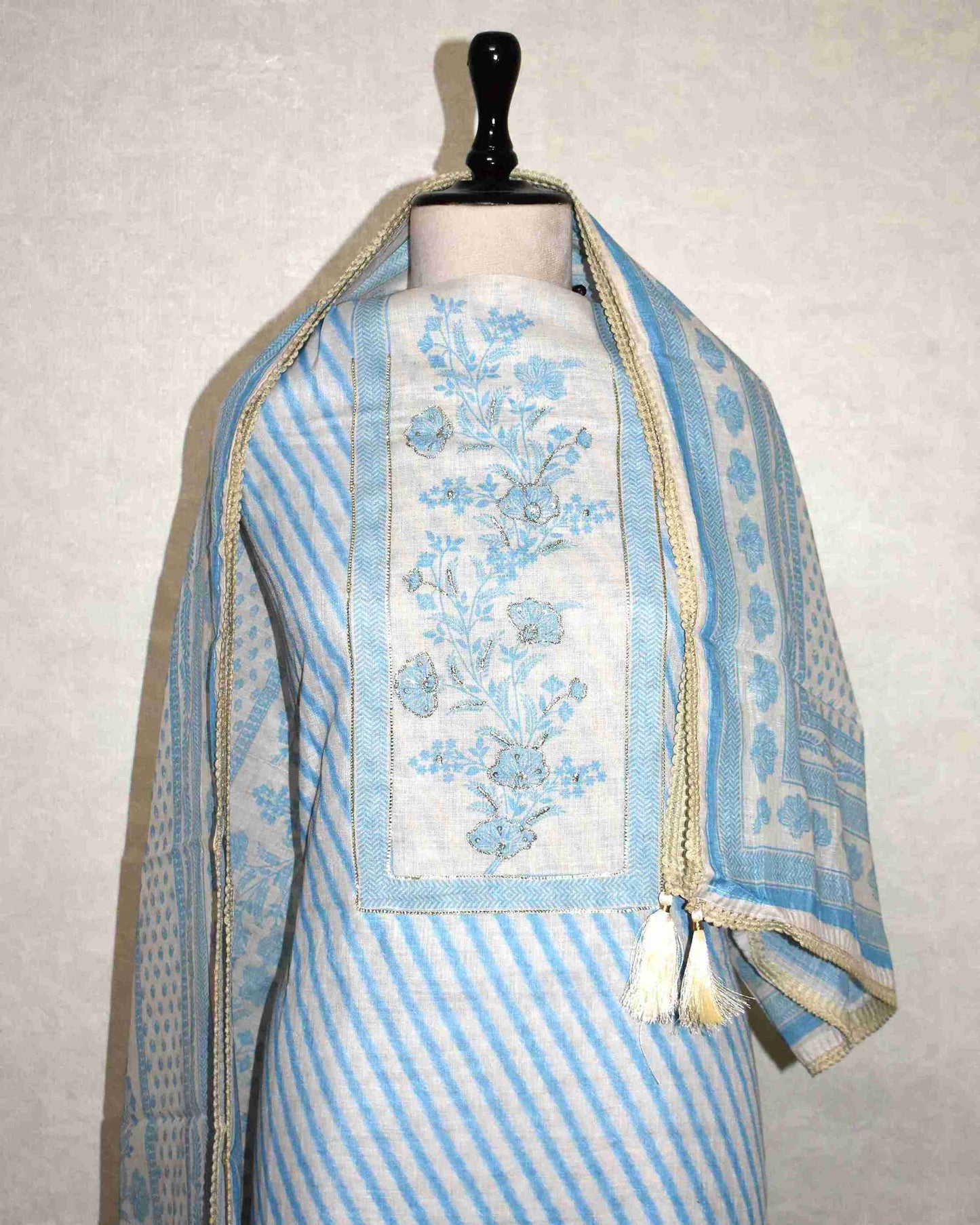 Pure Linen with stripes and Floral Buta Panel Suit Set (soft Blue)