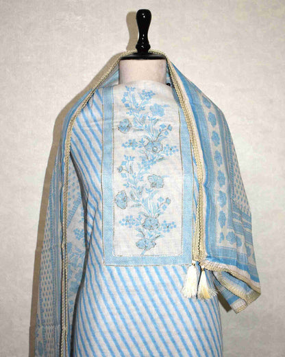 Pure Linen with stripes and Floral Buta Panel Suit Set (soft Blue)
