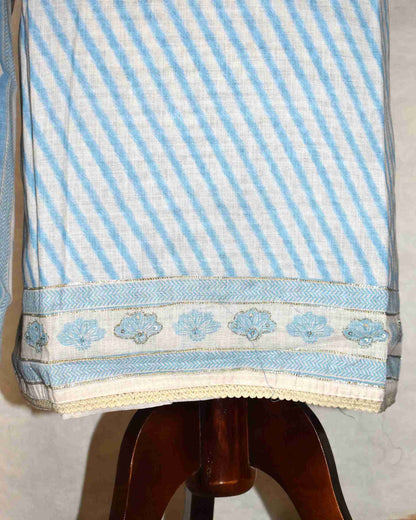 Pure Linen with stripes and Floral Buta Panel Suit Set (soft Blue)