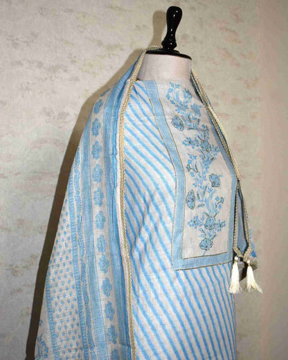 Pure Linen with stripes and Floral Buta Panel Suit Set (soft Blue)