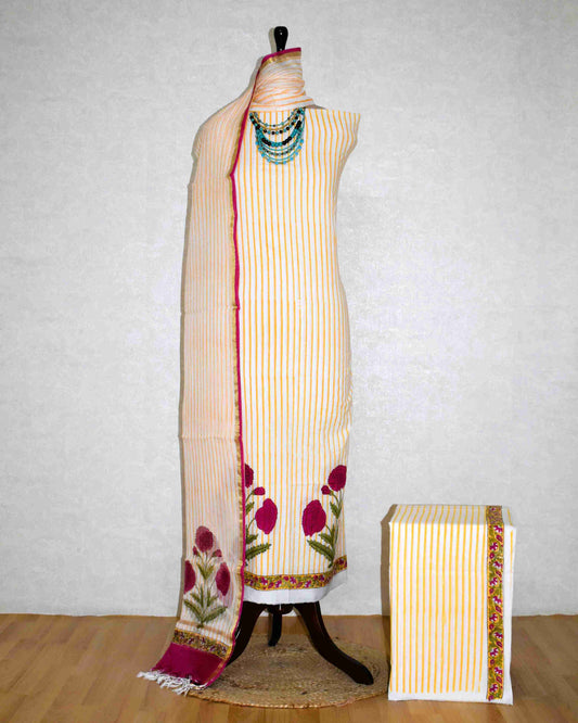 Hand Block Printed Premium Cotton Unstitched Suit with Pink Floral Buta & Kota Doria Dupatta - Curated Edit