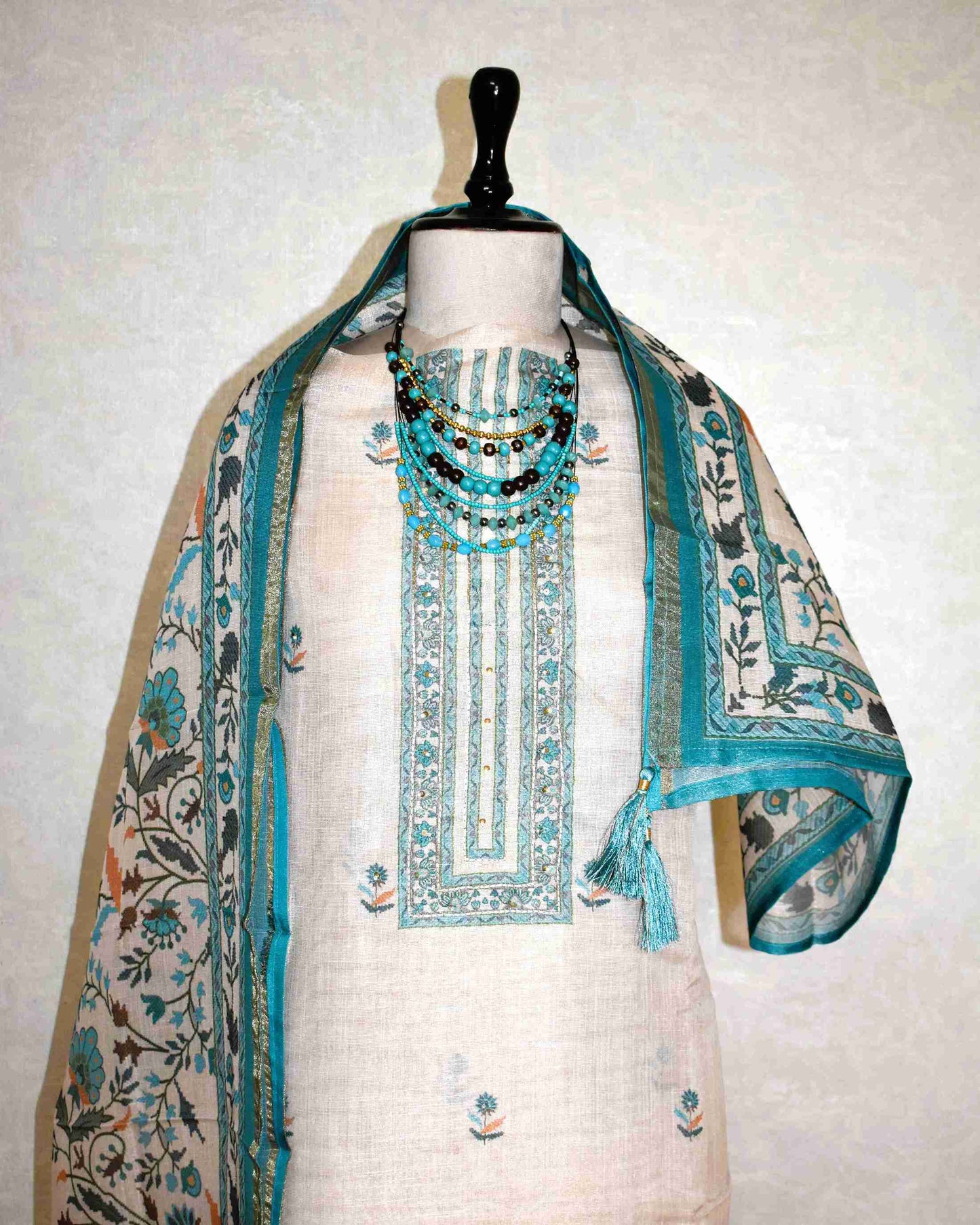 Premium Linen Floral Buta Suit Set with Printed Linen Dupatta - Aqua
