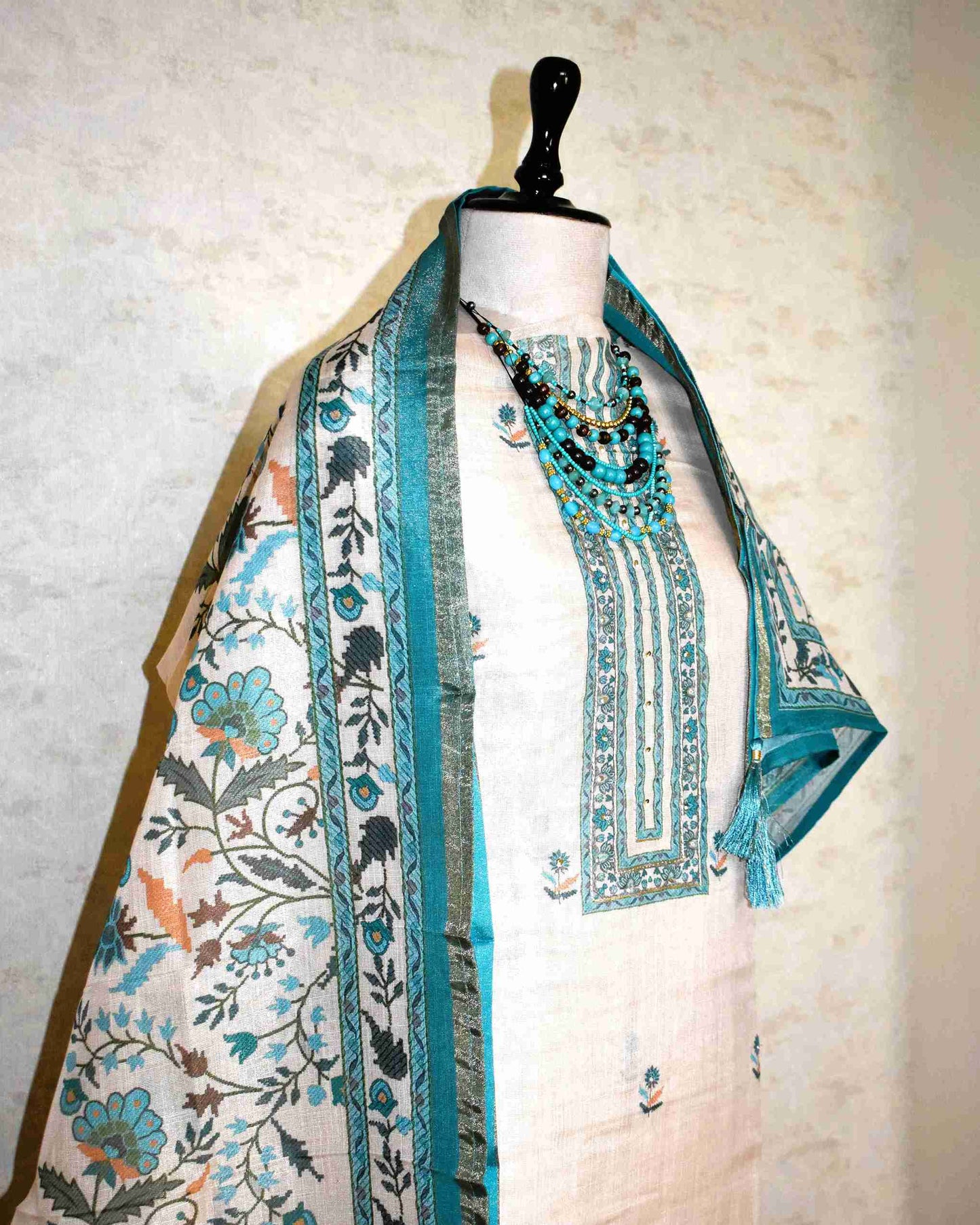 Premium Linen Floral Buta Suit Set with Printed Linen Dupatta - Aqua