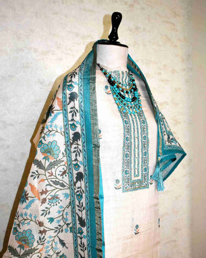 Premium Linen Floral Buta Suit Set with Printed Linen Dupatta - Aqua