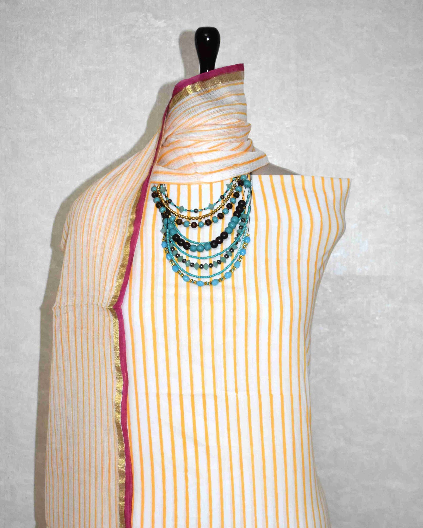 Hand Block Printed Premium Cotton Unstitched Suit with Pink Floral Buta & Kota Doria Dupatta - Curated Edit