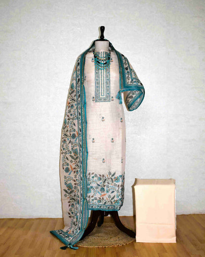 Premium Linen Floral Buta Suit Set with Printed Linen Dupatta - Aqua
