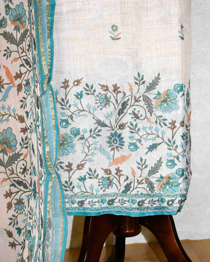 Premium Linen Floral Buta Suit Set with Printed Linen Dupatta - Aqua