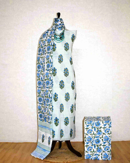 Blue Floral Buti on Stripe Hand Block Printed Cotton Suit with Malmal Dupatta