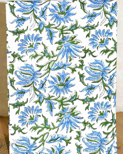 Blue Floral Buti on Stripe Hand Block Printed Cotton Suit with Malmal Dupatta