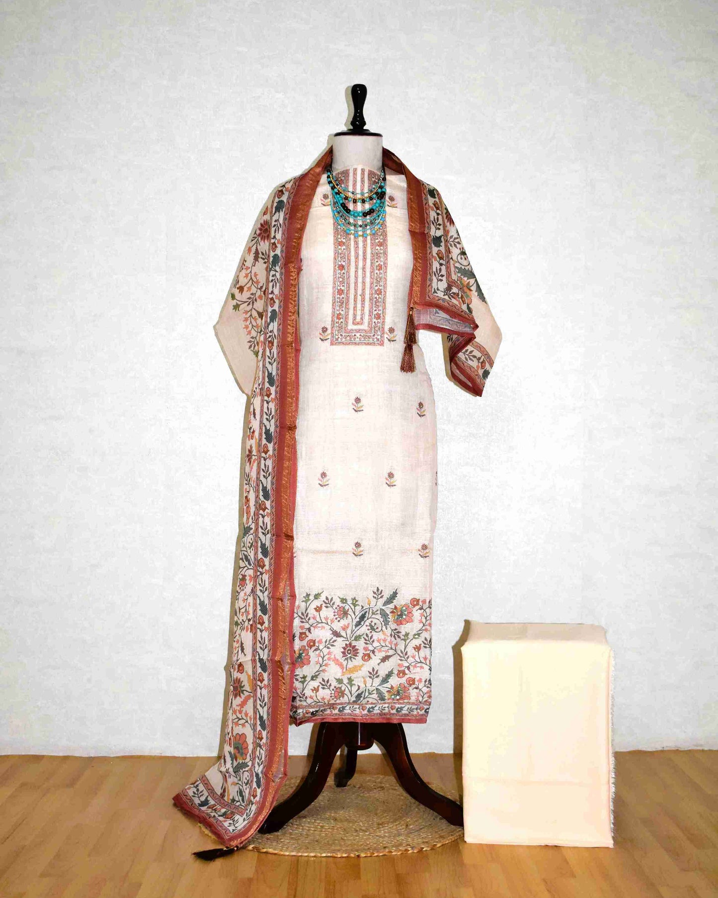 Premium Linen Floral Buta Suit Set with Printed Linen Dupatta - Terracotta