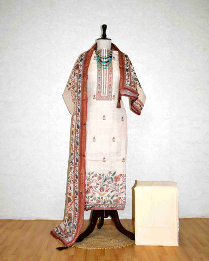 Premium Linen Floral Buta Suit Set with Printed Linen Dupatta - Terracotta