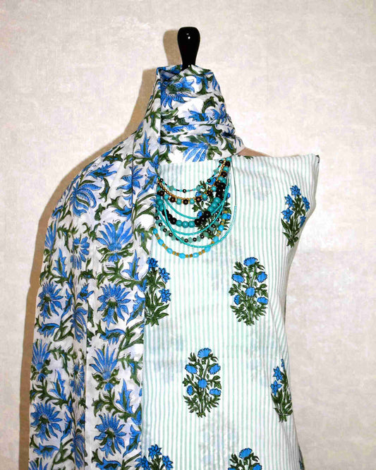 Blue Floral Buti on Stripe Hand Block Printed Cotton Suit with Malmal Dupatta