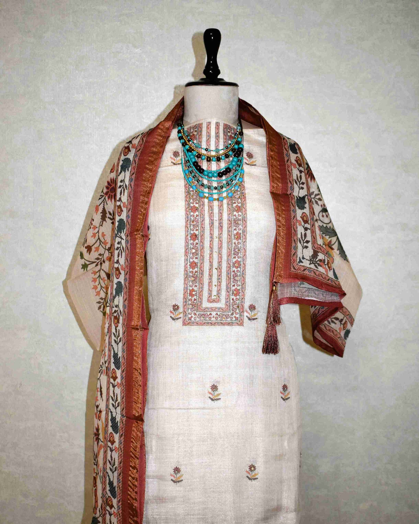 Premium Linen Floral Buta Suit Set with Printed Linen Dupatta - Terracotta