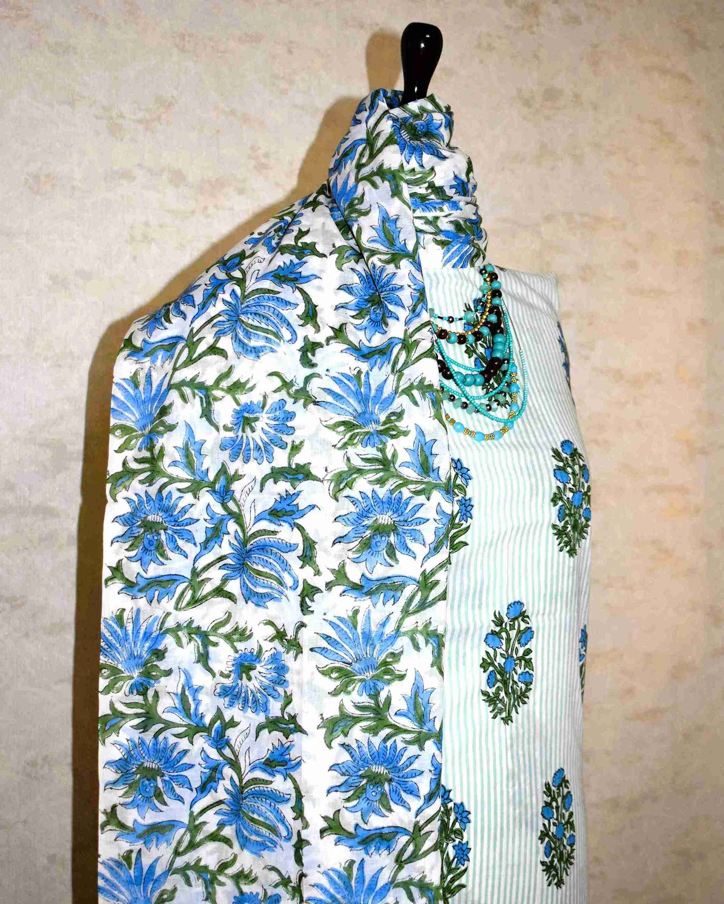 Blue Floral Buti on Stripe Hand Block Printed Cotton Suit with Malmal Dupatta