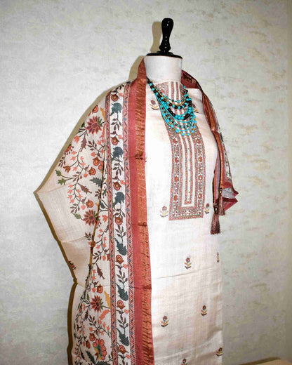 Premium Linen Floral Buta Suit Set with Printed Linen Dupatta - Terracotta