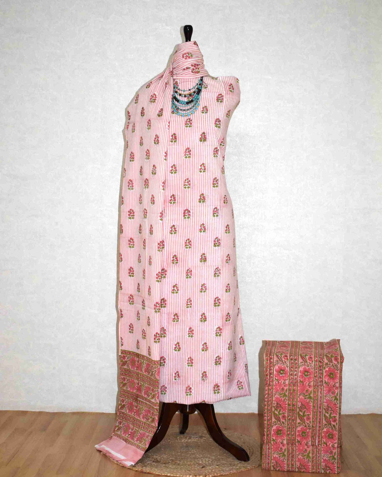 Pink Floral Buti on Stripe Hand Block Printed Cotton Suit with Malmal Dupatta