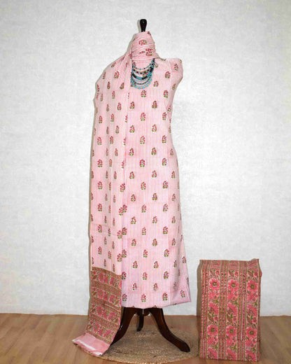 Pink Floral Buti on Stripe Hand Block Printed Cotton Suit with Malmal Dupatta