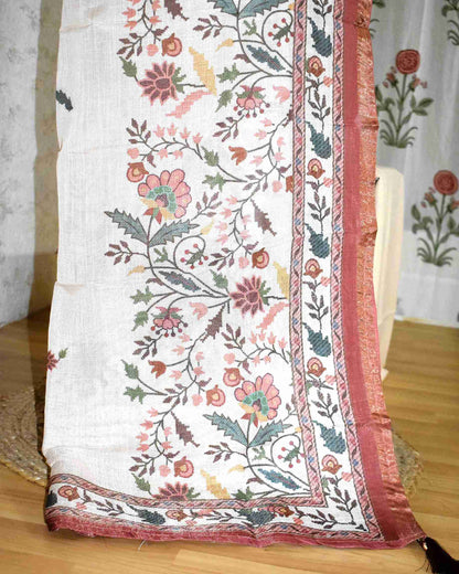 Premium Linen Floral Buta Suit Set with Printed Linen Dupatta - Terracotta
