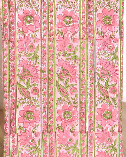 Pink Floral Buti on Stripe Hand Block Printed Cotton Suit with Malmal Dupatta