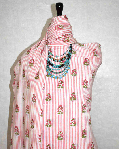 Pink Floral Buti on Stripe Hand Block Printed Cotton Suit with Malmal Dupatta