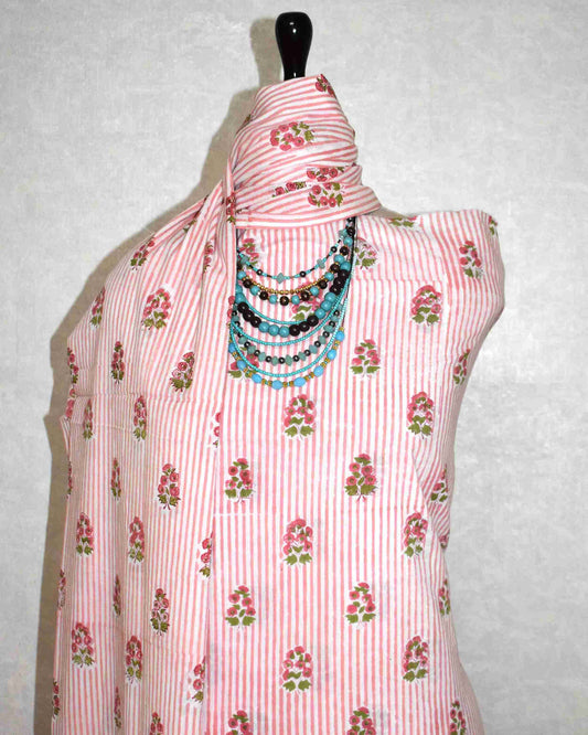 Pink Floral Buti on Stripe Hand Block Printed Cotton Suit with Malmal Dupatta