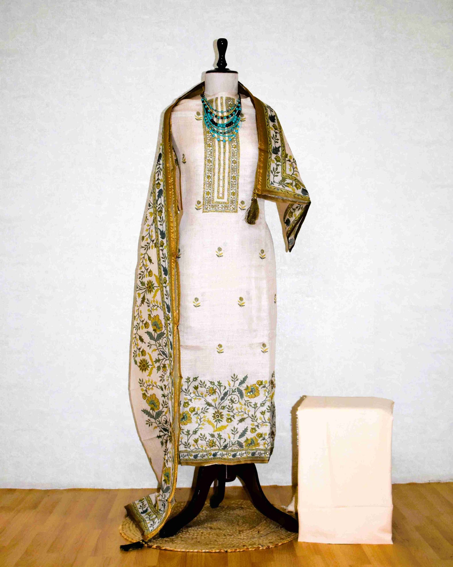 Premium Linen Floral Buta Suit Set with Printed Linen Dupatta -Olive Gold